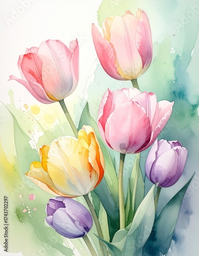 Wallpaper Mural Zarter Aquarell-Hintergrund mit pastellfarbenen Tulpen in Rosa, Gelb und Lila Torontodigital.ca