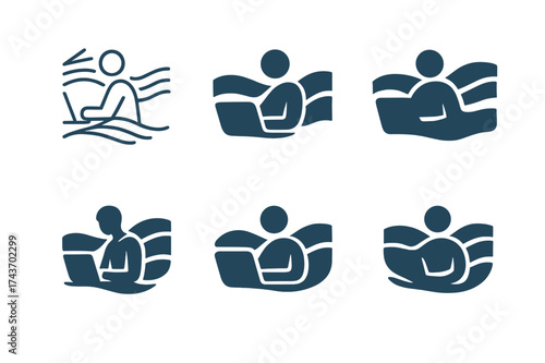Harmonious Work Emblems. A person working in a calm and peaceful environment. Set Logo of flow lines: person working with smooth abstract waves behind.