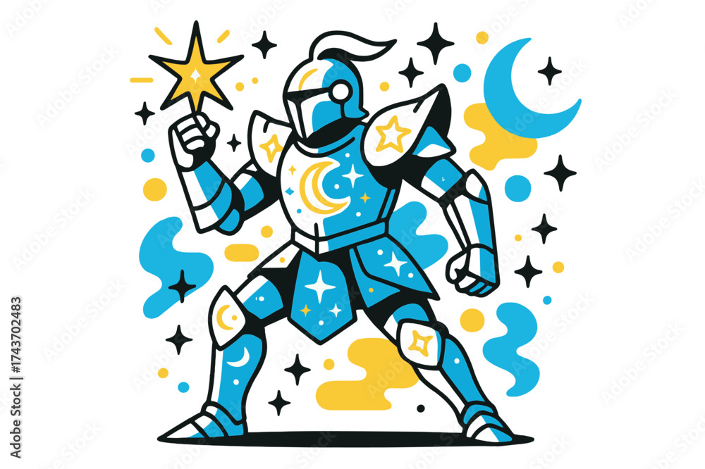 Fototapeta premium Celestial Armor Design. Celestial armor. A glowing suit covered with moon and star designs, abstract floating cosmic shapes and sparkles symbolizing divine