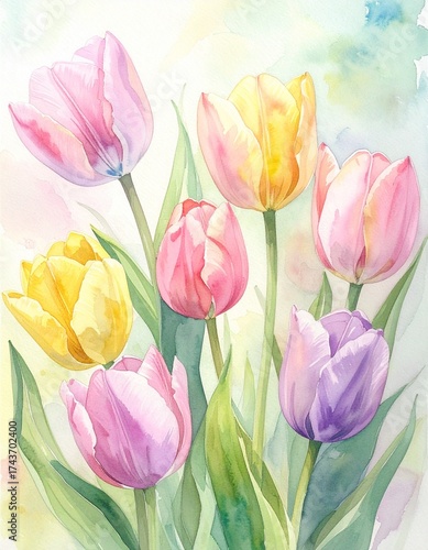 Wallpaper Mural Zarter Aquarell-Hintergrund mit pastellfarbenen Tulpen in Rosa, Gelb und Lila Torontodigital.ca