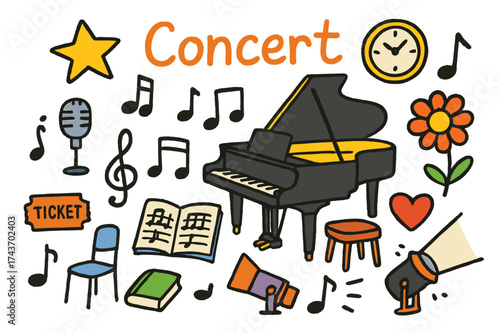 Concert Doodle Wonderland. Concert. Colorful Hand-drawn doodle Children illustration grand piano, open sheet music, microphone, spotlight, star, flower, heart,