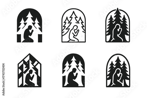 Spiritual Emblem Variations. Prayer in nature. Set Logo of Spirituality: forest silhouette with praying figure. harmonious logo variations of the