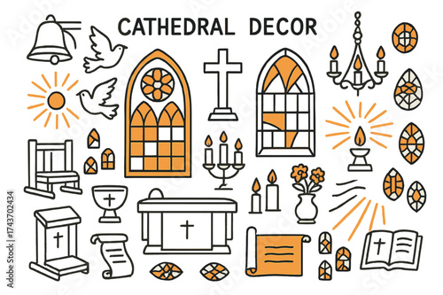 Cathedral Icons Doodle. Cathedral Decor. Hand-drawn doodle illustration cathedral decor stained glass window (accented), cross, arches (accented), candles,
