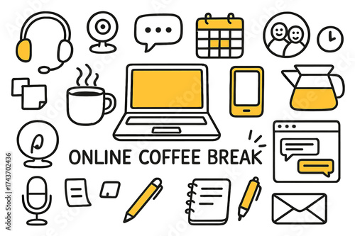 Online Coffee Break. Online Coffee Break. Hand-drawn doodle illustration online coffee break laptop (accented), coffee mug, headset (accented), webcam, chat