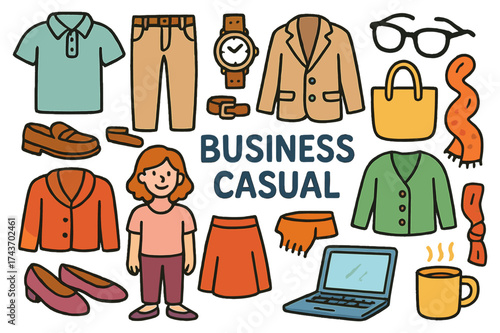 Colorful Business Casual Doodles. Business casual. Colorful Hand-drawn doodle Children illustration Business casual polo shirt, chinos, loafers, belt, blazer,