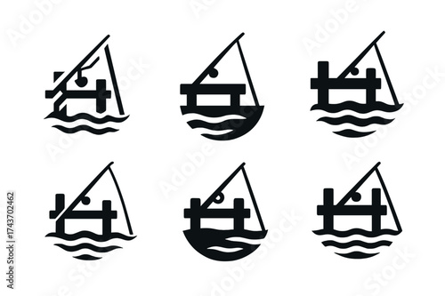 Dock Fishing Logos. Fishing at the lake. Set Logo of dock scene: fishing rod leaning on wooden pier. harmonious logo variations of the same emblematic concept,