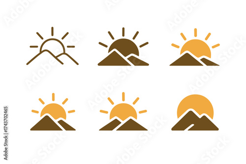 Sunrise Sunset Logos. Sunrise and sunset over natural landscapes. Set Logo of Sunrise and sunset over natural landscapes: Mountain ridge at sunrise. harmonious