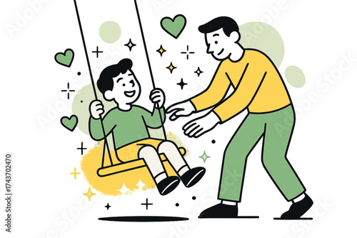 Playful Family Bonding. Family playtime. A parent pushing a child on a glowing swing, abstract floating hearts and sparkles showing love and connection. Modern