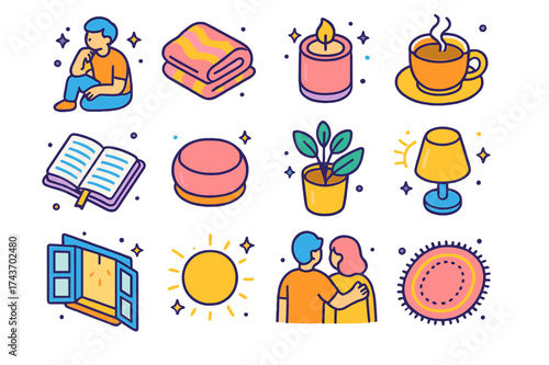 Coping Strategies Icons. Coping strategies. Colorful isometric vector icons set of coping strategies: person reflecting, soft blanket, candle, cup of tea,