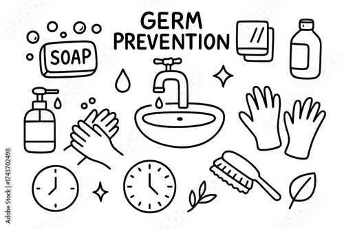 Germ Prevention Doodles. Germ prevention. Hand-drawn doodle illustration germ prevention soap bar, bubbles, faucet, sink, towel, hand, soap dispenser, water