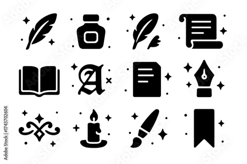 Elegant Calligraphy Icons. Calligraphy. Solid icons set of Calligraphy: quill, ink bottle, feather pen, scroll, open book, decorative letter, page, fountain