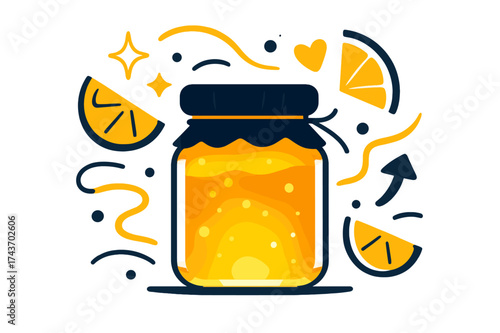 Glowing Jam Art. Glowing jar of jam. A glowing jar filled with vibrant jam, abstract floating fruit slices and light trails emphasizing freshness and