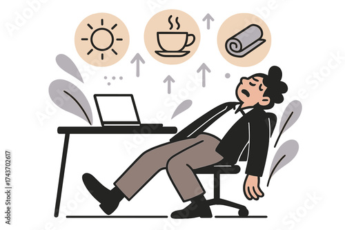 Restoration Break Icons. Recovery needed. Exhausted professional leaning back in chair as glowing break icons float above: sun, tea cup, yoga mat. Floating
