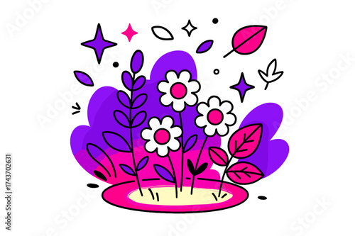 Herbal Serenity. Calm garden. A glowing patch of herbs with lavender, mint, and chamomile, abstract floating stars and leaves showing a soothing natural space.