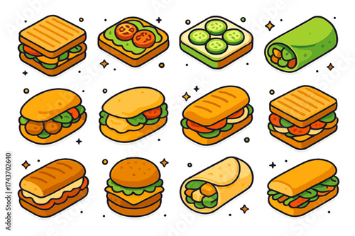 Colorful Vegetarian Sandwich Icons. Vegetarian Sandwiches. Colorful isometric vector icons set of Vegetarian Sandwiches: grilled veggie sandwich, avocado