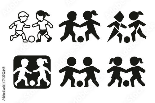 Soccer Kids Logo Variations. Children playing sports or engaging in physical activities. Set Logo of soccer kids: two children kicking a ball. harmonious logo