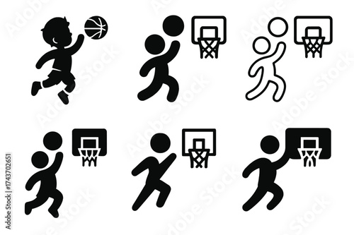 Diverse Basketball Logo Designs. Children playing sports or engaging in physical activities. Set Logo of basketball hoop: child jumping to throw ball into