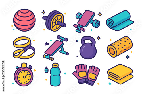 Colorful Core Workout Icons. Core Training. Colorful isometric vector icons set of core training: stability ball, ab roller, dumbbell, yoga mat, resistance