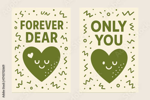 Memphis Style Banners. Affection. Two vertical A6 banners with safe margins, centered composition, no elements touching edges, memphis style, olive green and