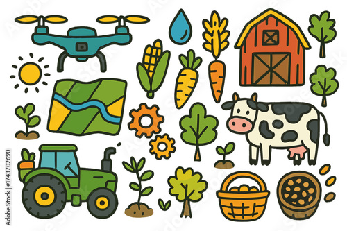 Farming Doodle Wonders. Drones in Farming. Colorful Hand-drawn doodle Children illustration Drone, field map, tractor, barn, cow, water drop, corn, carrot,
