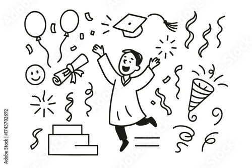 Graduation Doodle Extravaganza. Graduation celebration. Hand-drawn doodle illustration celebrating a graduation with a cap toss graduate in gown, cap mid-air,
