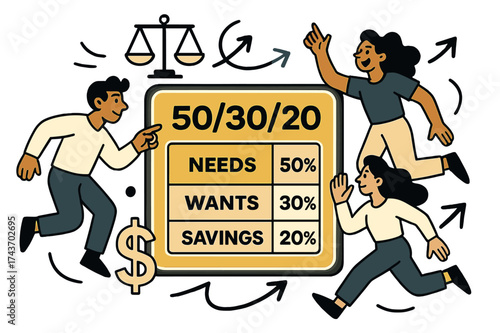Budgeting Balance Visualized. // method. Glowing board showing income split into needs, wants, savings. Floating icons of balance scale, dollar sign, and