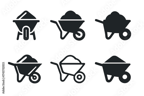 Cement Wheelbarrow Logos. Wheelbarrow with cement. Set Logo of wheel and handles: simplified barrow carrying heavy load. harmonious logo variations of the same