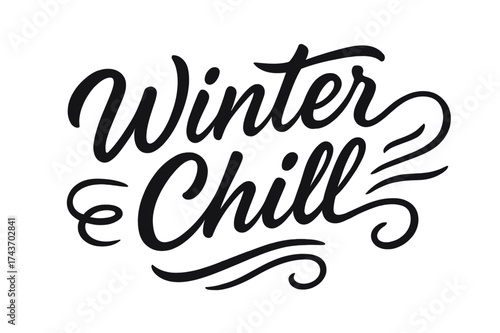 Winter Chill Lettering. Winter Chill ? Script Hand-Lettering in brush style; semi-cursive smooth connectors; slightly slanted word form; all black strokes;