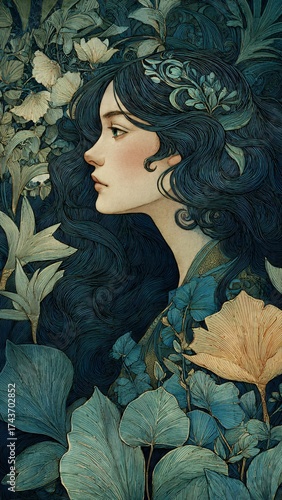 A serene portrait of a woman with flowing, dark hair adorned with intricate floral patterns, gazing thoughtfully into the distance.