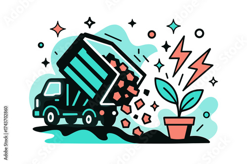 Electric Waste Transformation. Trash to light. A glowing garbage truck unloading waste into a plant that transforms into lightning bolts, abstract sparkles