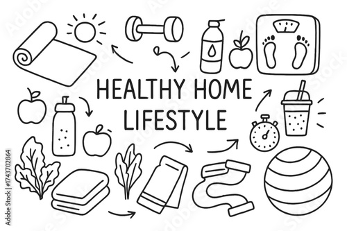 Healthy Home Essentials. Healthy home lifestyle. Hand-drawn doodle illustration healthy home lifestyle yoga mat, dumbbell, water bottle, apple, smoothie,