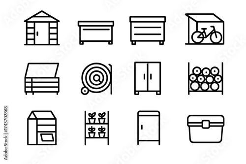 Outdoor Storage Icons. Outdoor storage. Line icon set of Outdoor storage: garden shed, storage bench, tool chest, bike shed, deck box, hose reel, patio