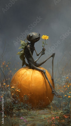 A whimsical and unsettling scene depicts a creature with a humanoid body and pumpkin-shaped head, perched on a large bright orange pumpkin.