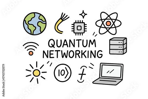 Quantum Networking Doodles. Quantum Networking. Hand-drawn doodle illustration globe (colored), fiber optic cable (colored), chip, atom (colored), server,