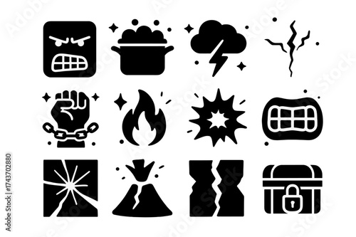 Icons of Suppressed Anger. Suppressed anger. Solid icons set of clenched jaw, boiling pot, storm cloud, cracked wall, fist with chains, fire spark, explosion
