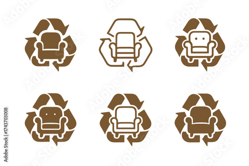 Upcycled Furniture Logos. Upcycling and repurposing furniture. Set Logo of Upcycling and repurposing furniture: Refurbished armchair. harmonious logo