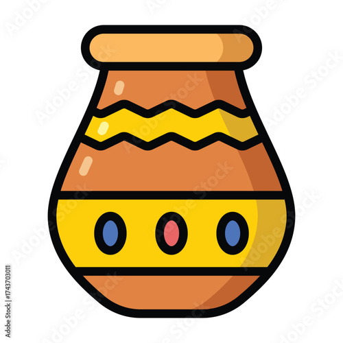 Flat illustration of a colorful vase with patterns, representing pottery, home decor, and creativity. Suitable for art, culture, and design projects.