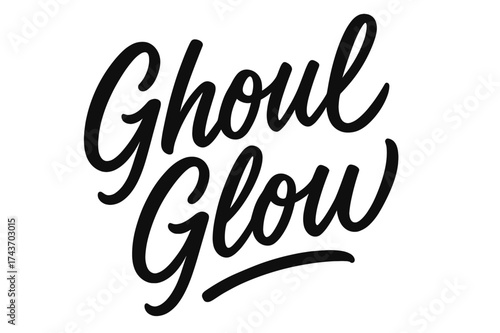 Ghoul Glow Typography. Ghoul Glow ? Script Hand-Lettering: playful brush script with fluid, semi-cursive strokes; diagonal layout with quick sweeping tails;