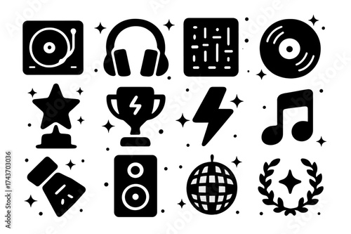 DJ Icon Set. DJ Awards. Solid icons set of turntable, headphones, mixer, record, star, trophy, lightning bolt, music note, spotlight, speaker, disco ball,