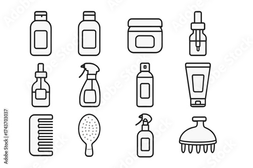 Hair Care Icon Set. Hair care products. Line icon set of Hair care products: shampoo bottle, conditioner bottle, hair mask jar, hair serum dropper, hair oil