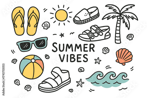Summer Essentials Doodle. Summer Vibes. Hand-drawn doodle illustration flip-flop (colored), espadrille, sandal (colored), sunglasses, beach ball (colored),
