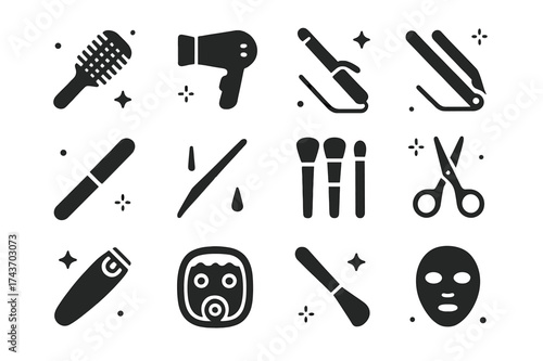 Beauty Salon Icons. Beauty Salon Tools. Solid icons set of Beauty Salon Tools: hairbrush, blow dryer, curling iron, straightener, nail file, tweezers, makeup