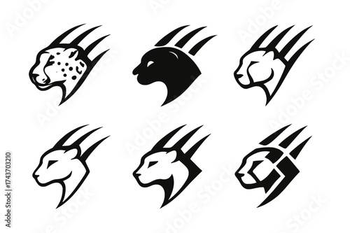 Cheetah Logo Variations. Cheetah. Set Logo of Cheetah: claw. harmonious logo variations of the same emblematic concept, each with different artistic