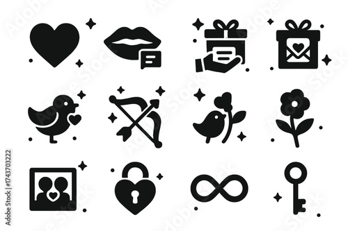 Love Icon Collage. Love letters expressions. Solid icons set of heart, kiss lips, hand holding note, gift with letter, lovebird, star sparkle, cupid bow,