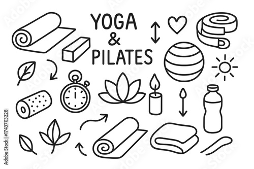 Yoga and Pilates Doodles. Yoga and pilates. Hand-drawn doodle illustration yoga and pilates yoga mat, block, strap, ball, foam roller, candle, stopwatch, water