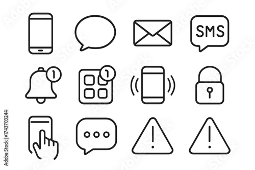 Message Icon Set. Checking messages. Line icon set of Checking messages: smartphone, chat bubble, email, SMS icon, notification bell, app icon,