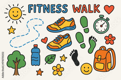 Colorful Fitness Walk. Fitness Walk. Colorful Hand-drawn doodle Children illustration sneakers, footprints, stopwatch, water bottle, heart, star, sun, cloud,