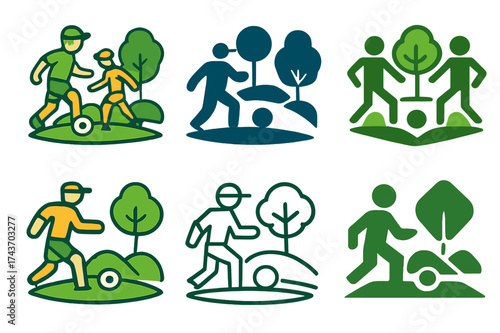 Soccer Logo Variations. Playing Soccer in the Park with Friends. Set Logo of Playing Soccer in the Park with Friends: cap. harmonious logo variations of the