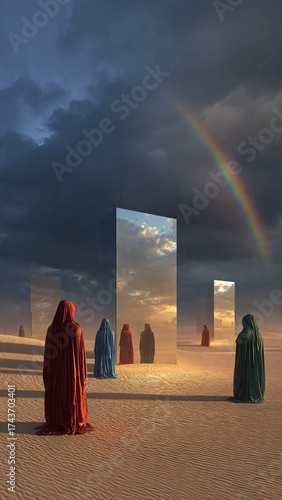 Image is a surreal digital artwork featuring a desert landscape under a dramatic sky.