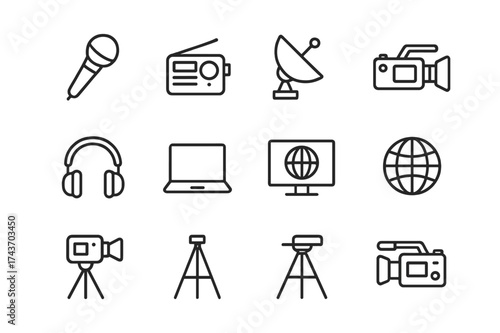 Broadcast Journalism Icons. Broadcast journalism. Line icon set of broadcast journalism: microphone, radio, satellite dish, camera, video camera, headphones,